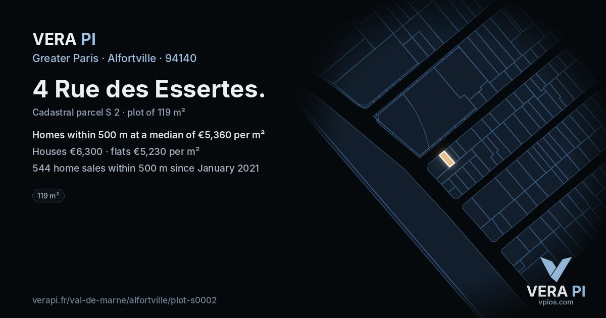 4 Rue des Essertes, Alfortville at night – the plot lit, the parcels around coloured by the prices near them