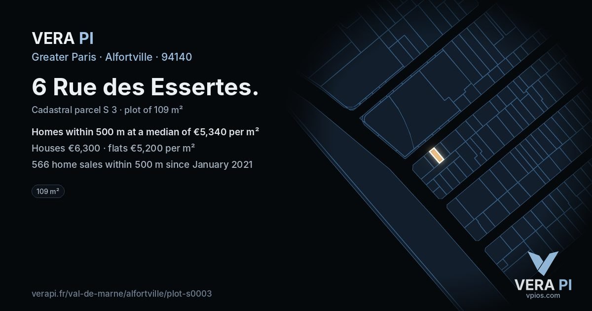 6 Rue des Essertes, Alfortville at night – the plot lit, the parcels around coloured by the prices near them