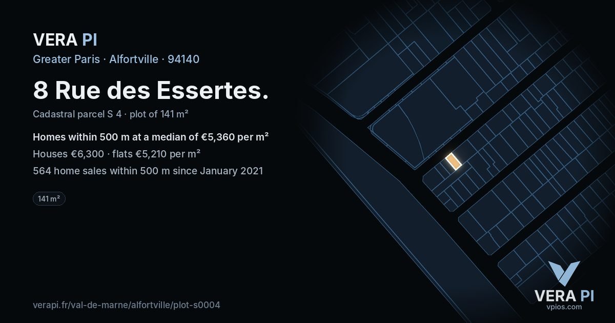 8 Rue des Essertes, Alfortville at night – the plot lit, the parcels around coloured by the prices near them