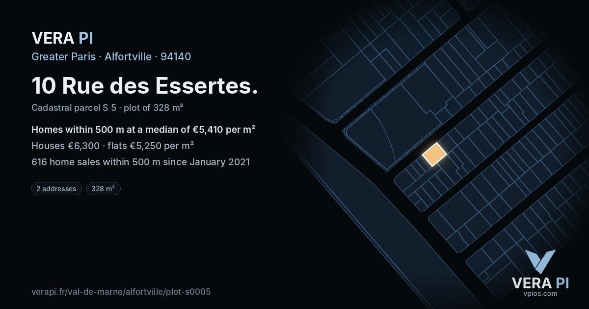 10 Rue des Essertes, Alfortville at night – the plot lit, the parcels around coloured by the prices near them