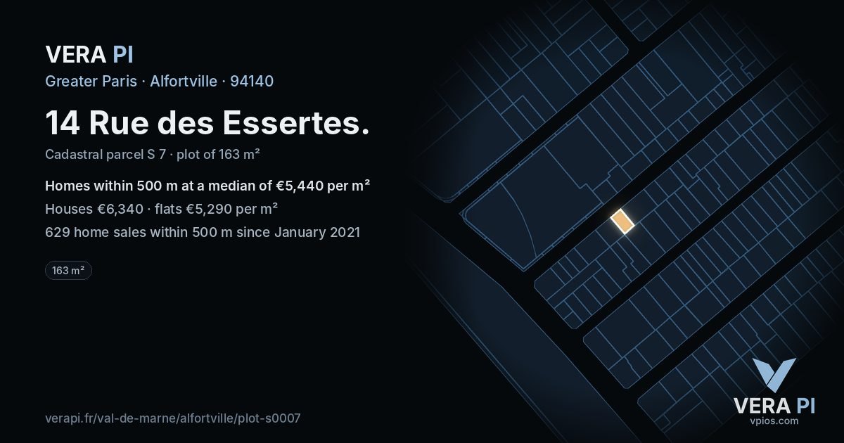 14 Rue des Essertes, Alfortville at night – the plot lit, the parcels around coloured by the prices near them