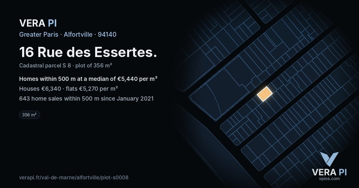 16 Rue des Essertes, Alfortville at night – the plot lit, the parcels around coloured by the prices near them