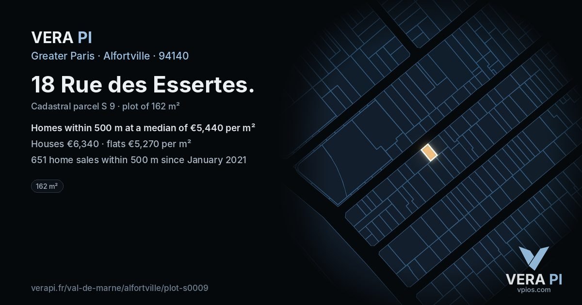 18 Rue des Essertes, Alfortville at night – the plot lit, the parcels around coloured by the prices near them