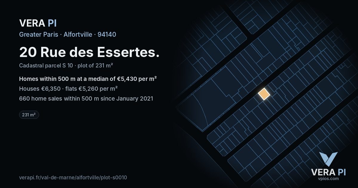 20 Rue des Essertes, Alfortville at night – the plot lit, the parcels around coloured by the prices near them