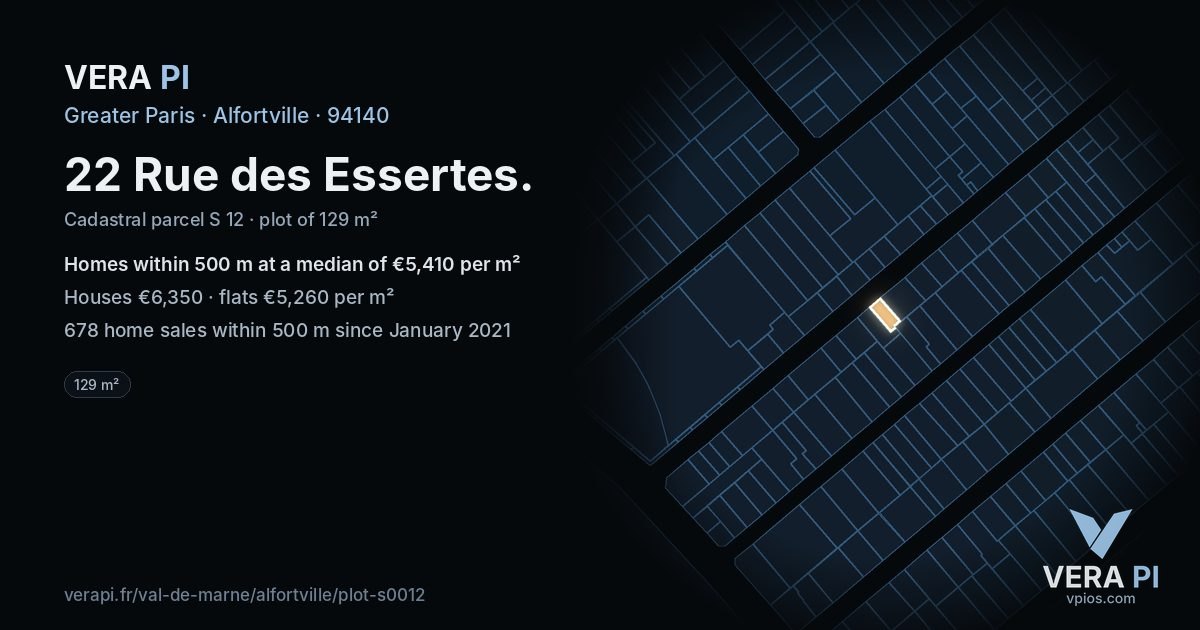 22 Rue des Essertes, Alfortville at night – the plot lit, the parcels around coloured by the prices near them