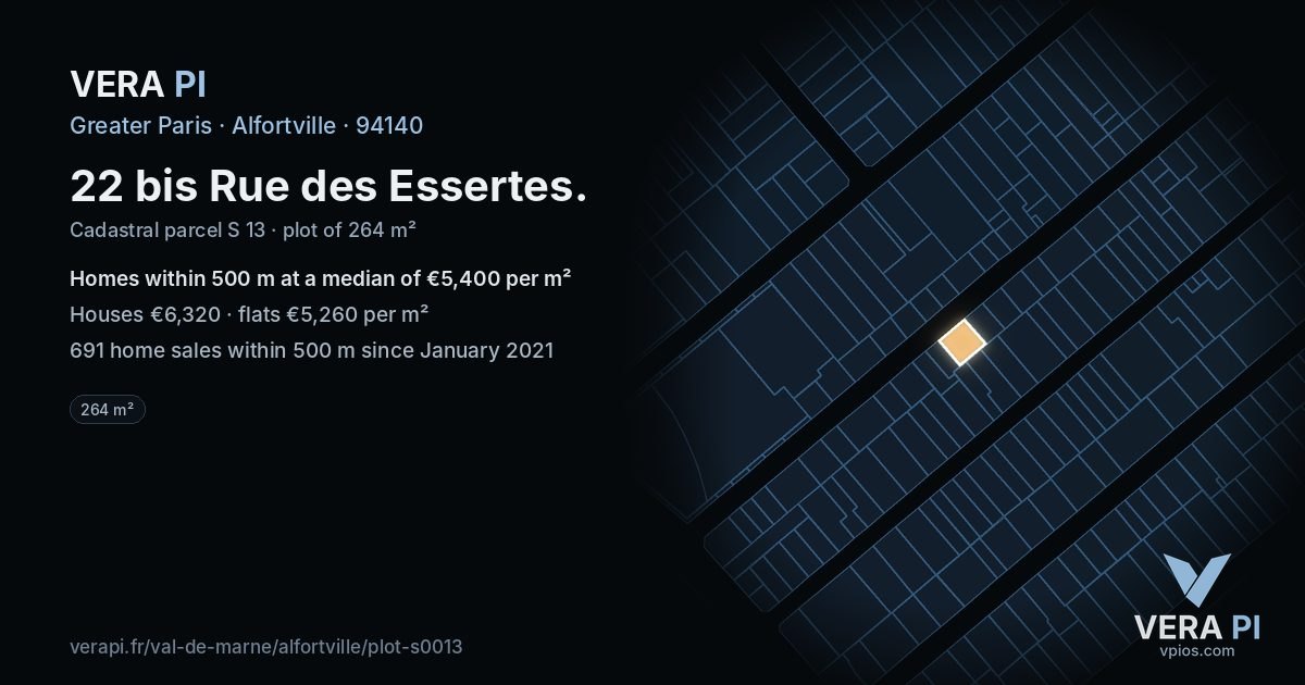 22 bis Rue des Essertes, Alfortville at night – the plot lit, the parcels around coloured by the prices near them