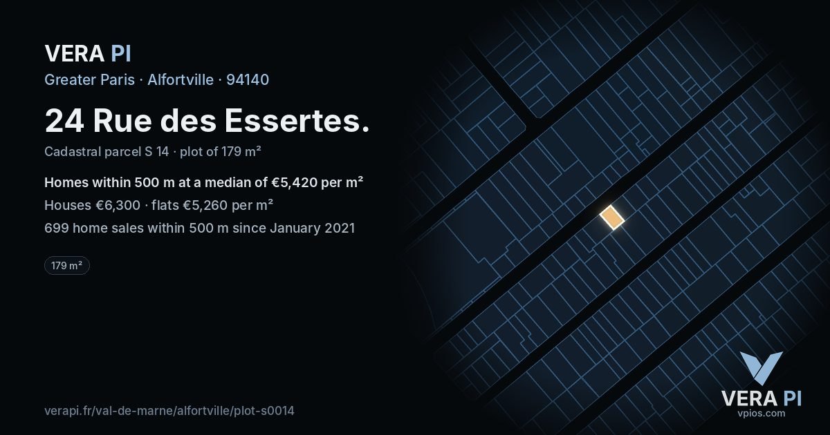 24 Rue des Essertes, Alfortville at night – the plot lit, the parcels around coloured by the prices near them