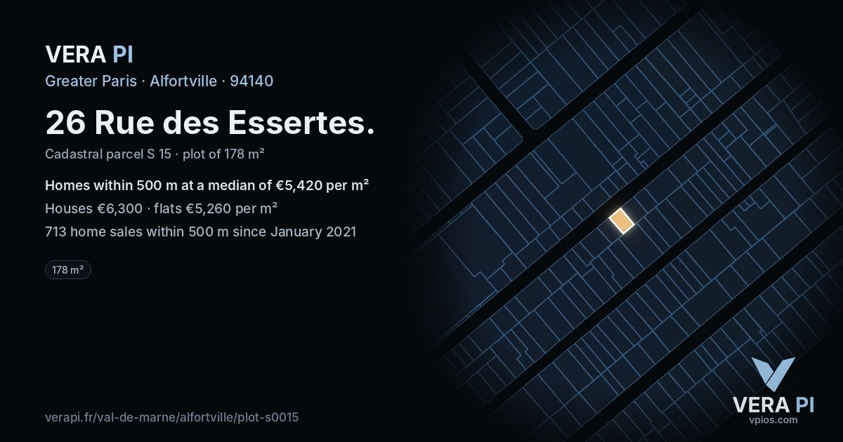 26 Rue des Essertes, Alfortville at night – the plot lit, the parcels around coloured by the prices near them