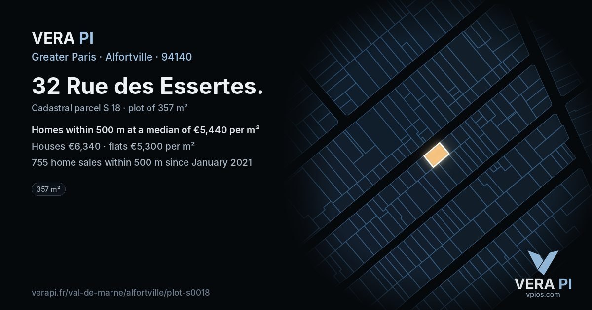 32 Rue des Essertes, Alfortville at night – the plot lit, the parcels around coloured by the prices near them