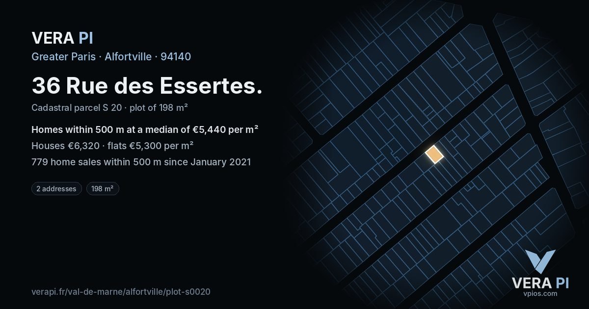 36 Rue des Essertes, Alfortville at night – the plot lit, the parcels around coloured by the prices near them