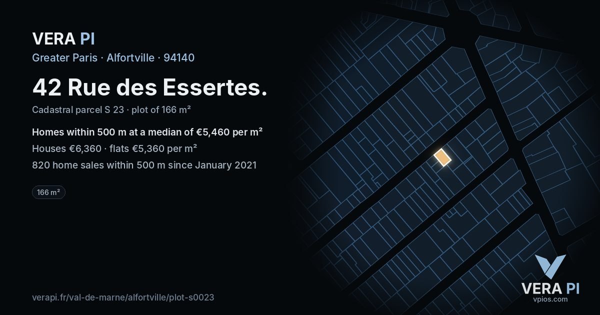 42 Rue des Essertes, Alfortville at night – the plot lit, the parcels around coloured by the prices near them