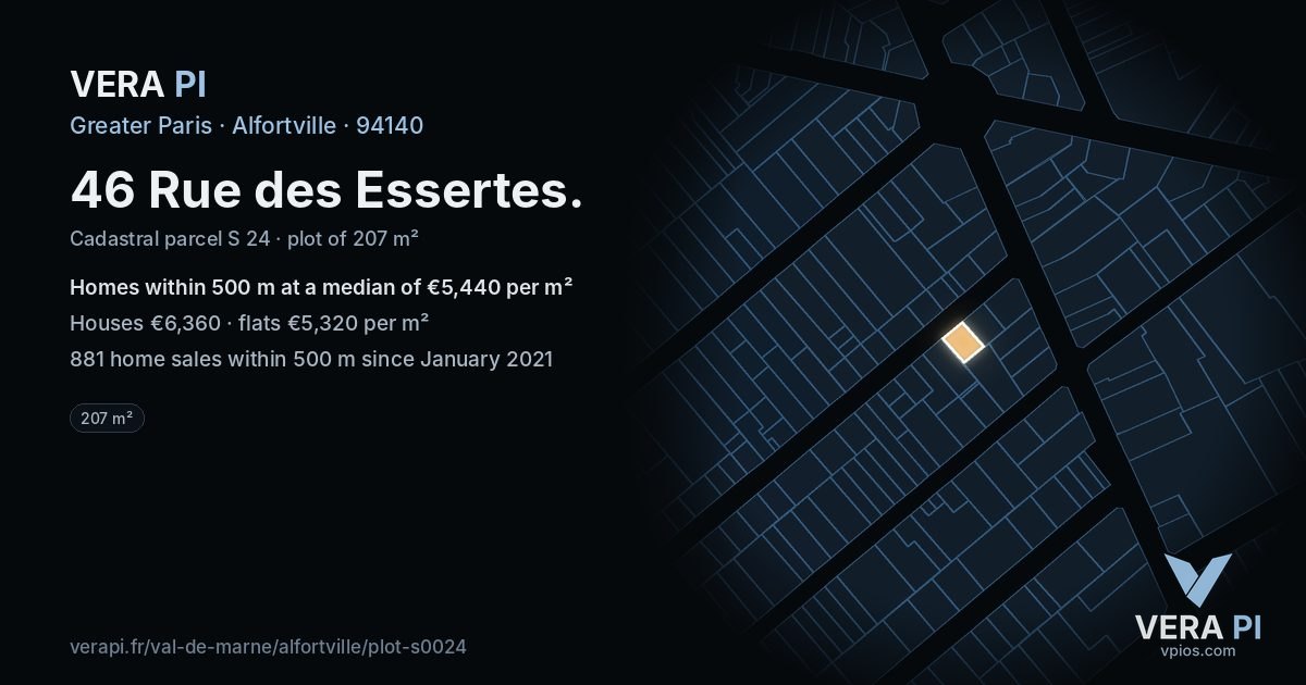 46 Rue des Essertes, Alfortville at night – the plot lit, the parcels around coloured by the prices near them