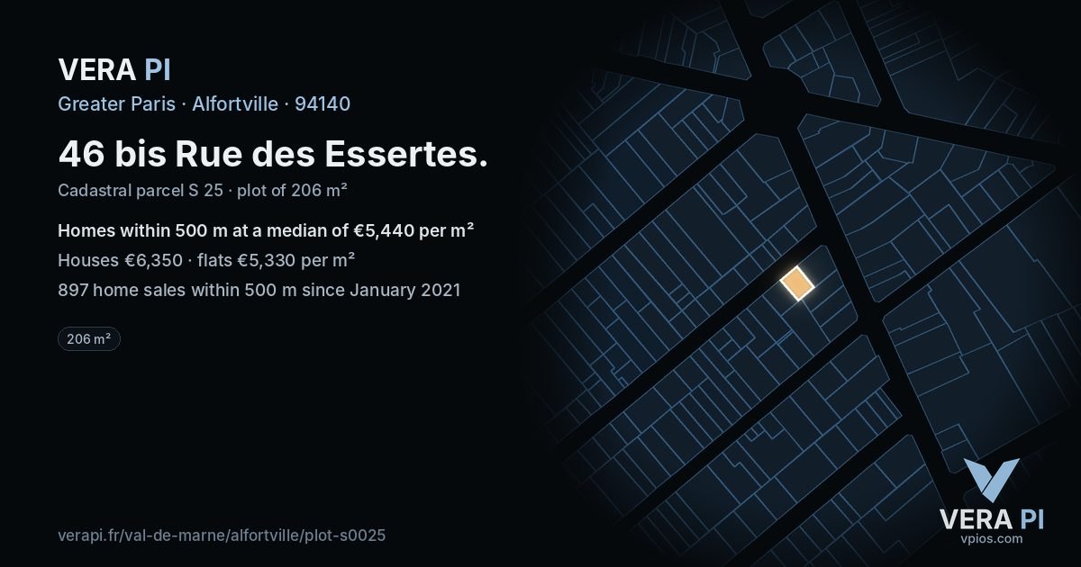 46 bis Rue des Essertes, Alfortville at night – the plot lit, the parcels around coloured by the prices near them