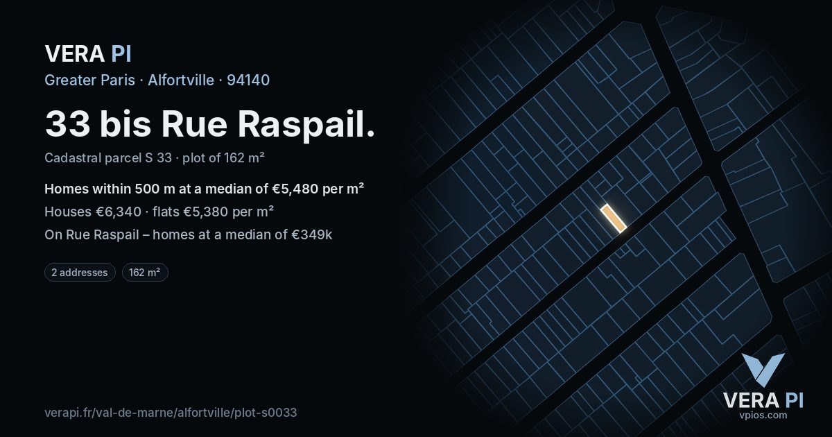 33 bis Rue Raspail, Alfortville at night – the plot lit, the parcels around coloured by the prices near them