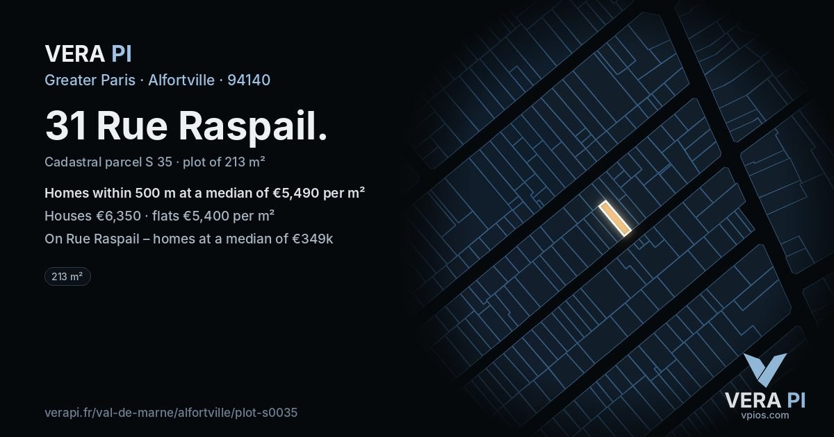 31 Rue Raspail, Alfortville at night – the plot lit, the parcels around coloured by the prices near them