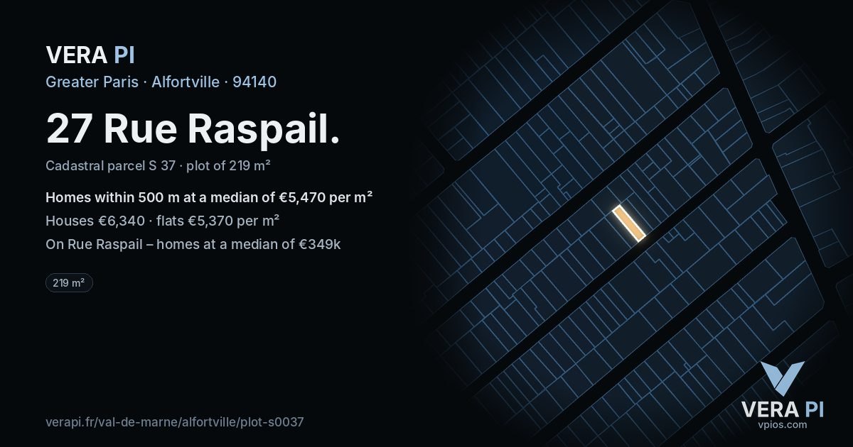 27 Rue Raspail, Alfortville at night – the plot lit, the parcels around coloured by the prices near them