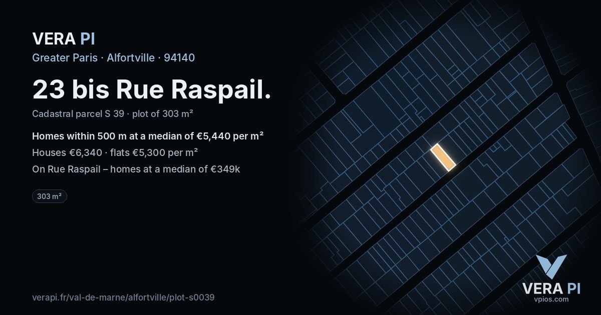 23 bis Rue Raspail, Alfortville at night – the plot lit, the parcels around coloured by the prices near them