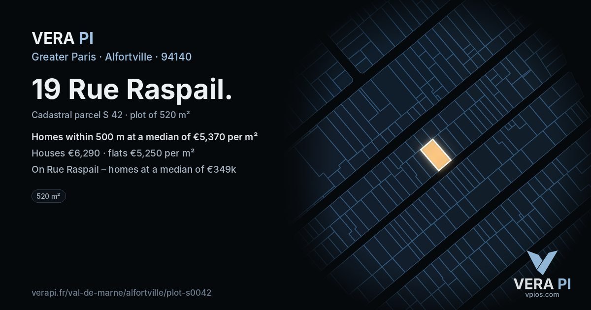 19 Rue Raspail, Alfortville at night – the plot lit, the parcels around coloured by the prices near them