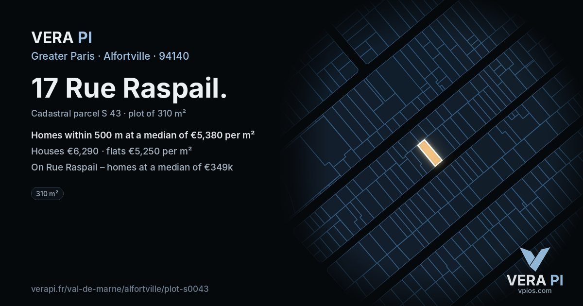 17 Rue Raspail, Alfortville at night – the plot lit, the parcels around coloured by the prices near them