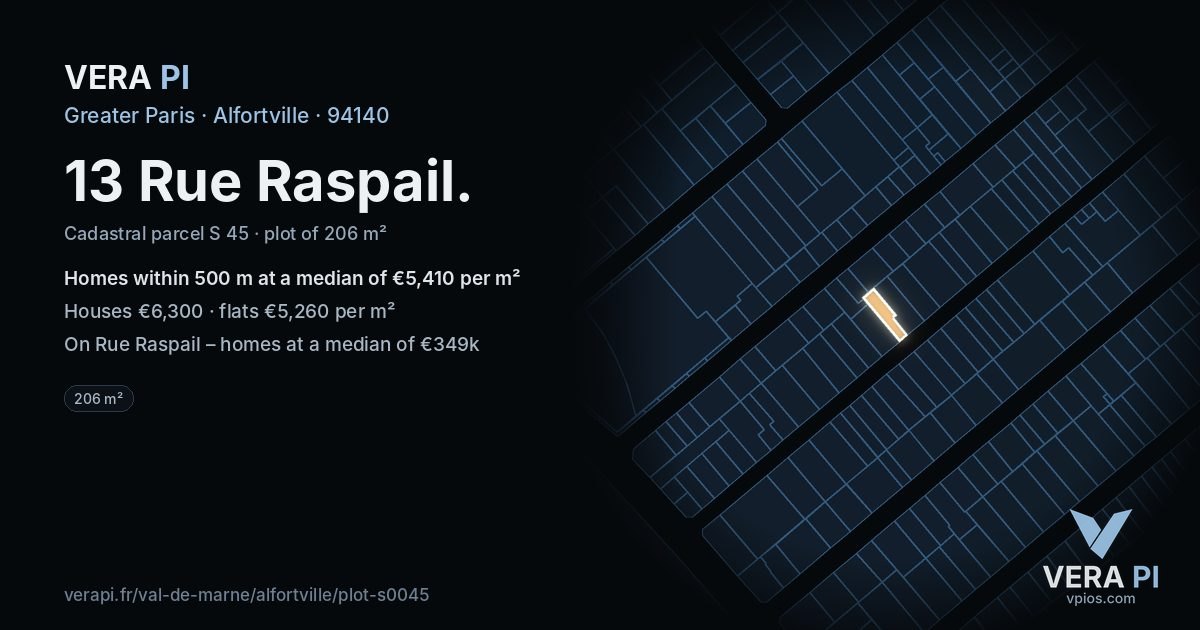 13 Rue Raspail, Alfortville at night – the plot lit, the parcels around coloured by the prices near them