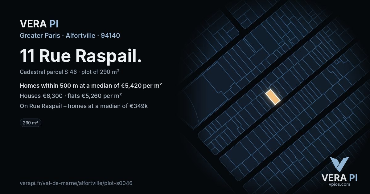 11 Rue Raspail, Alfortville at night – the plot lit, the parcels around coloured by the prices near them