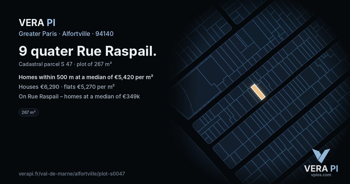 9 quater Rue Raspail, Alfortville at night – the plot lit, the parcels around coloured by the prices near them