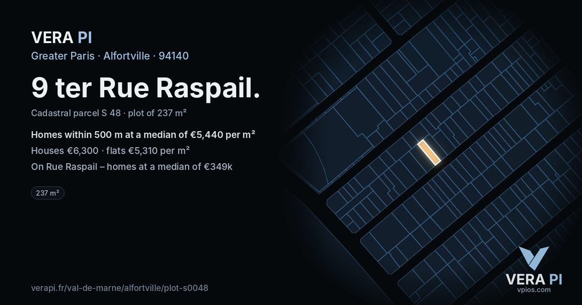 9 ter Rue Raspail, Alfortville at night – the plot lit, the parcels around coloured by the prices near them