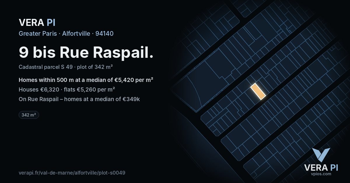9 bis Rue Raspail, Alfortville at night – the plot lit, the parcels around coloured by the prices near them