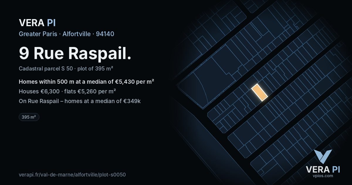 9 Rue Raspail, Alfortville at night – the plot lit, the parcels around coloured by the prices near them