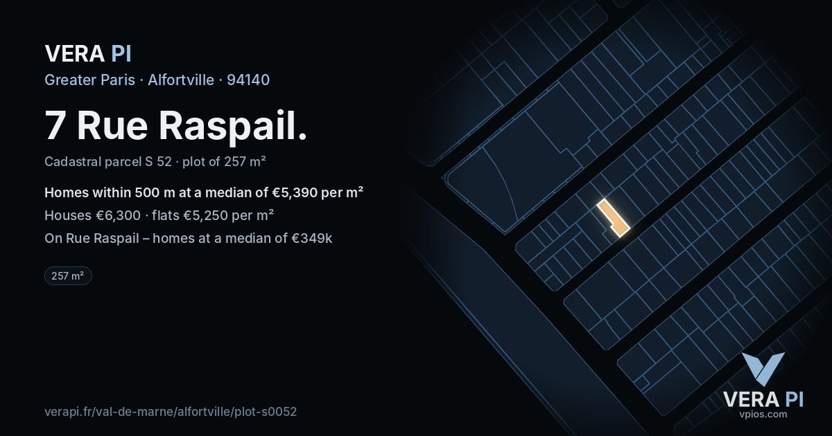 7 Rue Raspail, Alfortville at night – the plot lit, the parcels around coloured by the prices near them