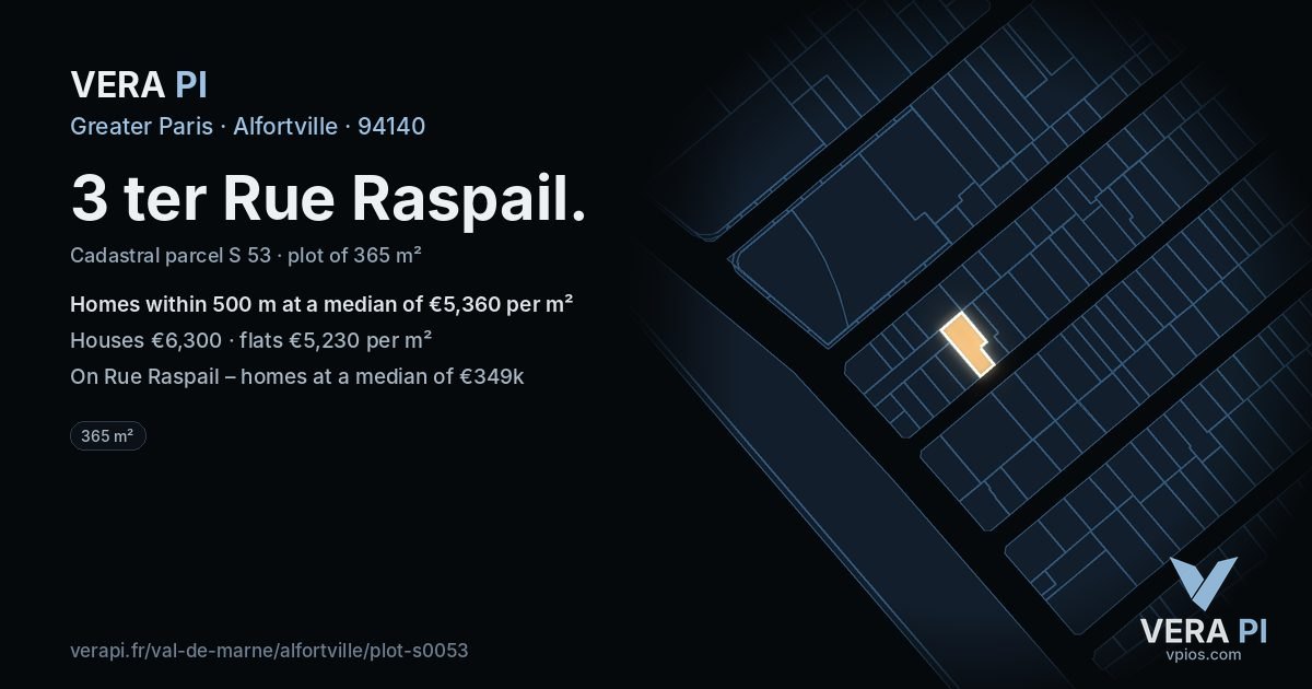 3 ter Rue Raspail, Alfortville at night – the plot lit, the parcels around coloured by the prices near them