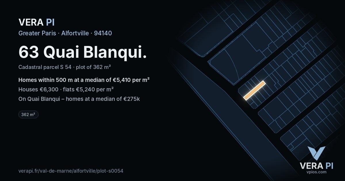 63 Quai Blanqui, Alfortville at night – the plot lit, the parcels around coloured by the prices near them