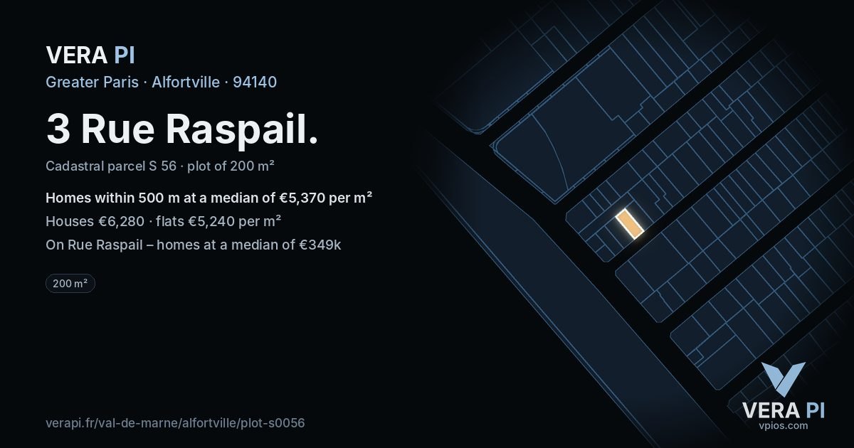 3 Rue Raspail, Alfortville at night – the plot lit, the parcels around coloured by the prices near them