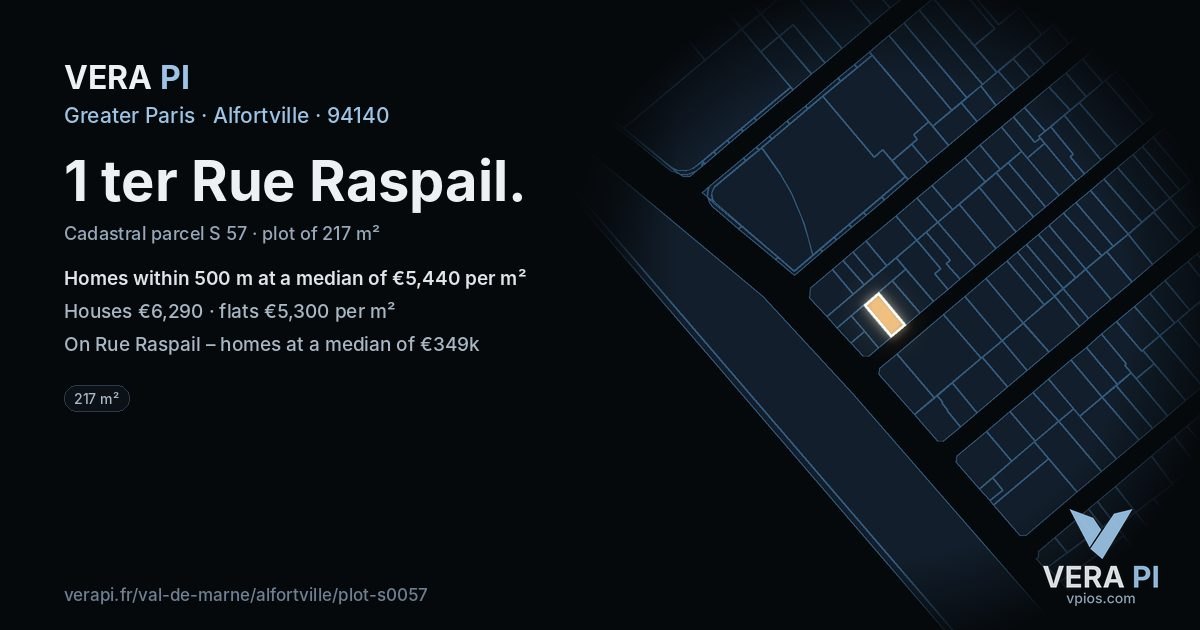 1 ter Rue Raspail, Alfortville at night – the plot lit, the parcels around coloured by the prices near them