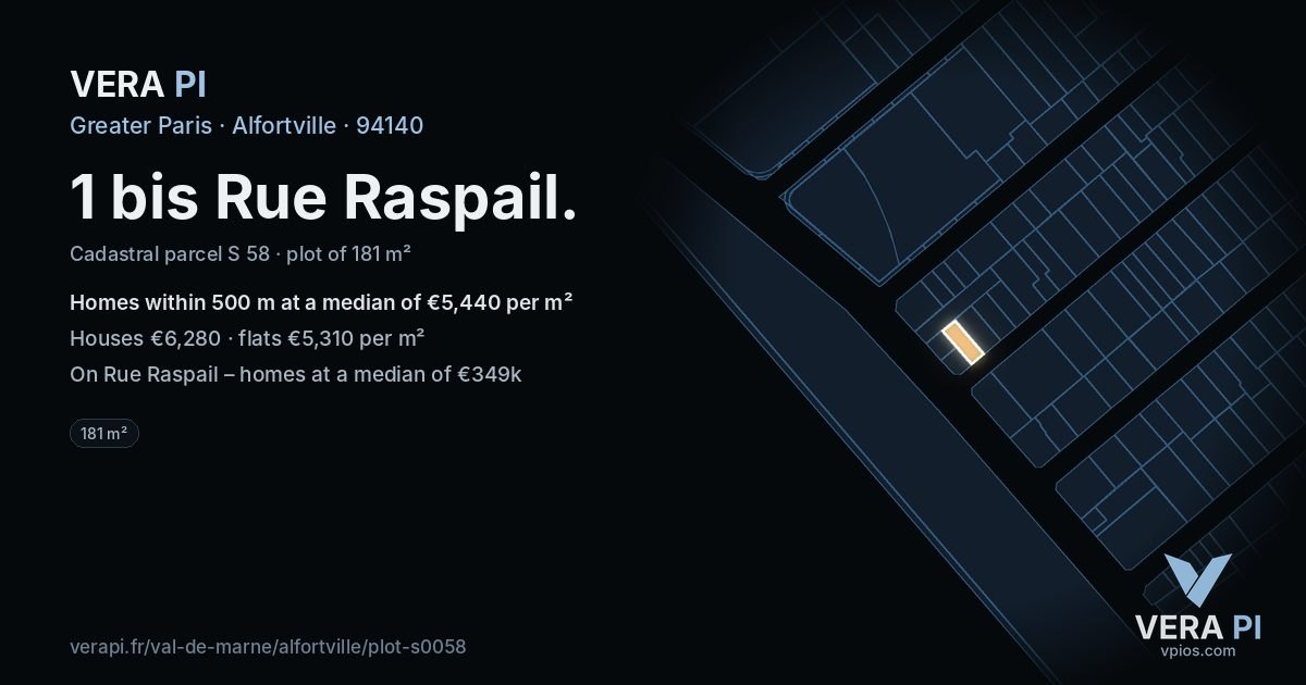 1 bis Rue Raspail, Alfortville at night – the plot lit, the parcels around coloured by the prices near them