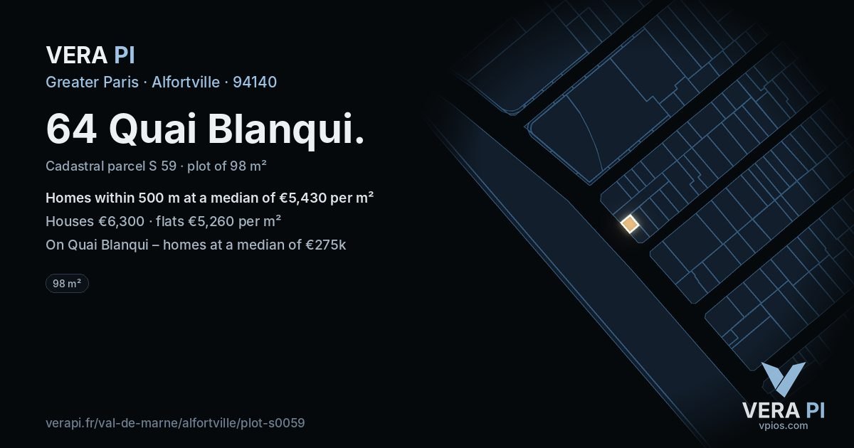 64 Quai Blanqui, Alfortville at night – the plot lit, the parcels around coloured by the prices near them
