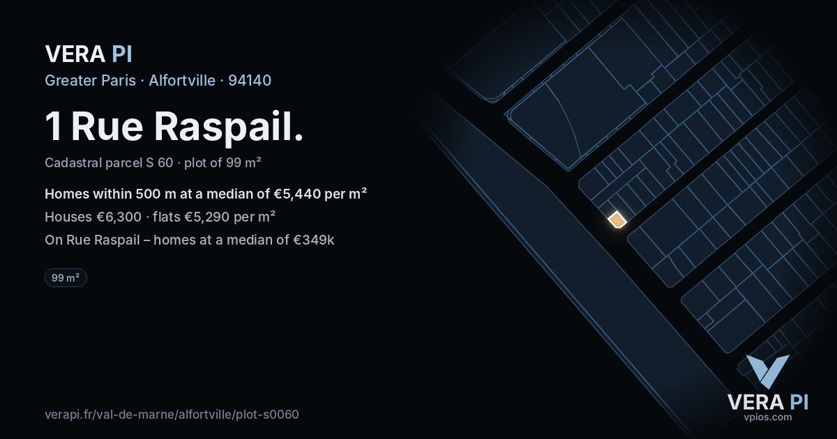 1 Rue Raspail, Alfortville at night – the plot lit, the parcels around coloured by the prices near them