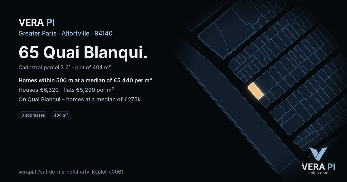 65 Quai Blanqui, Alfortville at night – the plot lit, the parcels around coloured by the prices near them