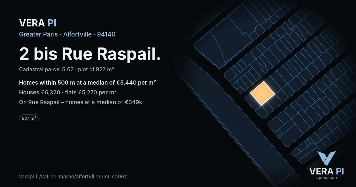 2 bis Rue Raspail, Alfortville at night – the plot lit, the parcels around coloured by the prices near them