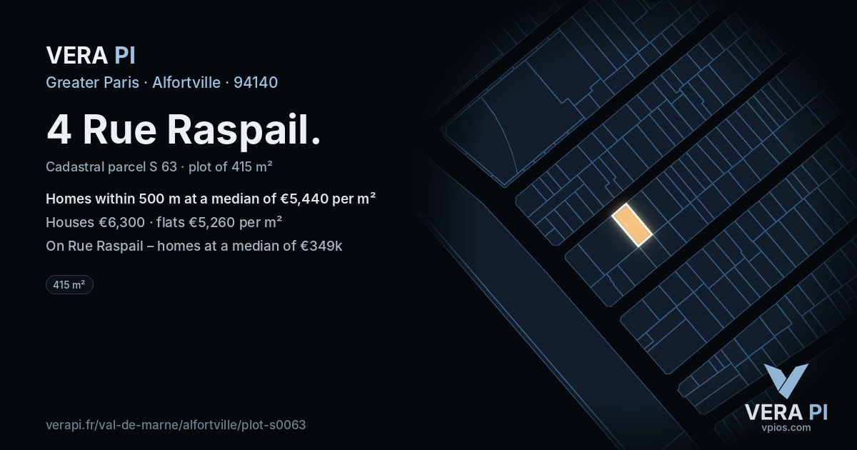 4 Rue Raspail, Alfortville at night – the plot lit, the parcels around coloured by the prices near them