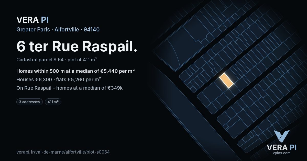 6 ter Rue Raspail, Alfortville at night – the plot lit, the parcels around coloured by the prices near them