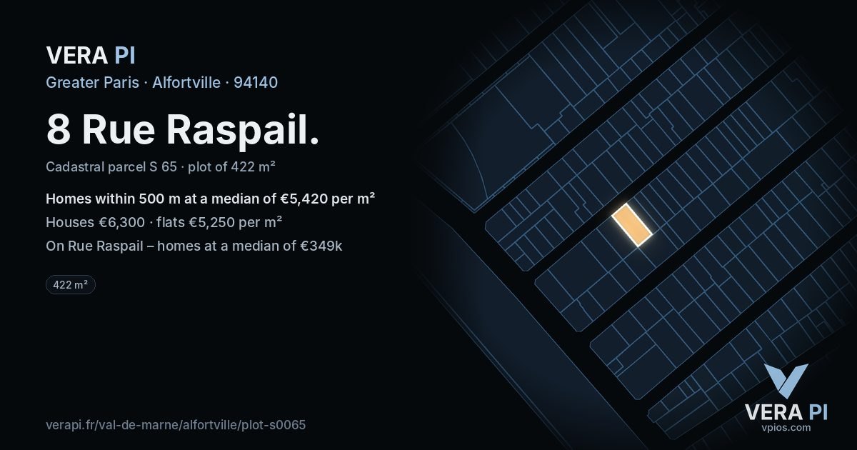 8 Rue Raspail, Alfortville at night – the plot lit, the parcels around coloured by the prices near them