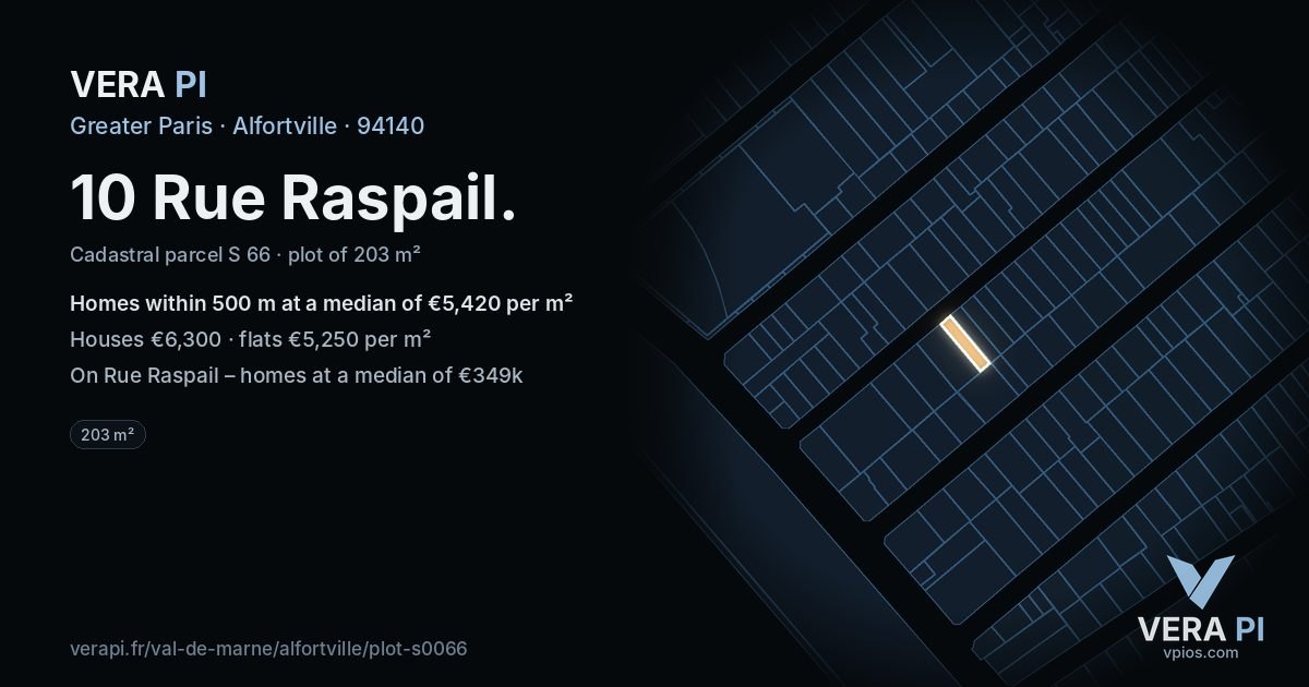 10 Rue Raspail, Alfortville at night – the plot lit, the parcels around coloured by the prices near them