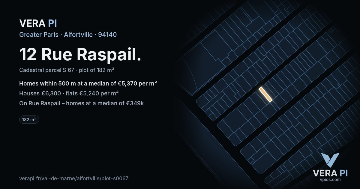 12 Rue Raspail, Alfortville at night – the plot lit, the parcels around coloured by the prices near them