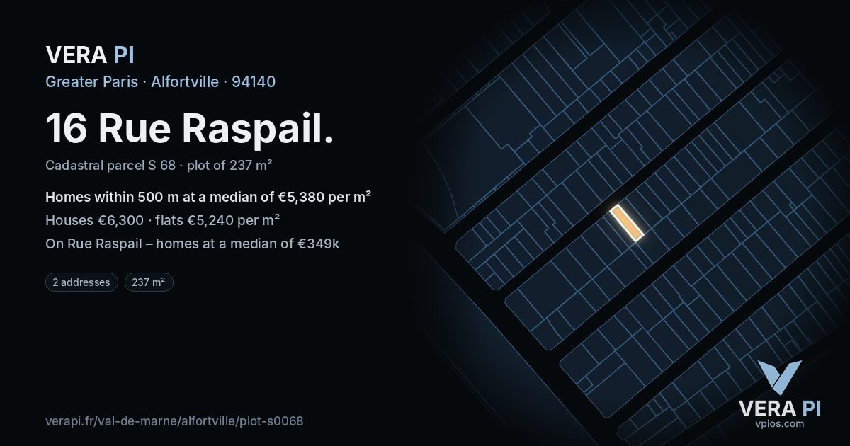 16 Rue Raspail, Alfortville at night – the plot lit, the parcels around coloured by the prices near them