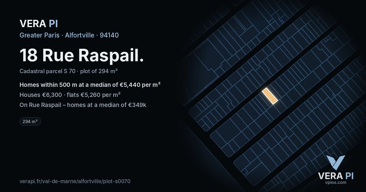 18 Rue Raspail, Alfortville at night – the plot lit, the parcels around coloured by the prices near them