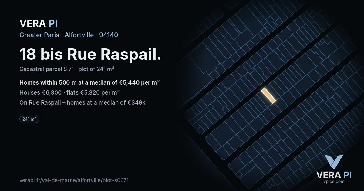 18 bis Rue Raspail, Alfortville at night – the plot lit, the parcels around coloured by the prices near them