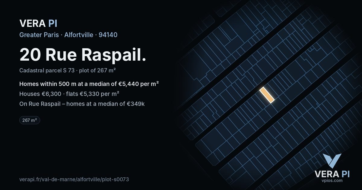 20 Rue Raspail, Alfortville at night – the plot lit, the parcels around coloured by the prices near them