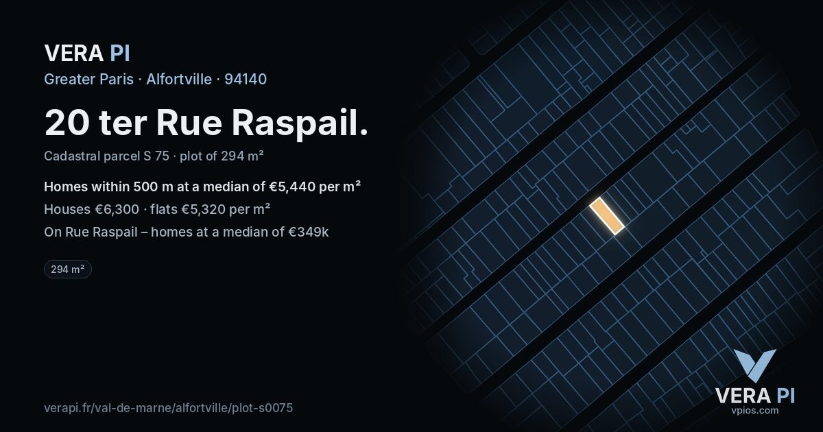 20 ter Rue Raspail, Alfortville at night – the plot lit, the parcels around coloured by the prices near them