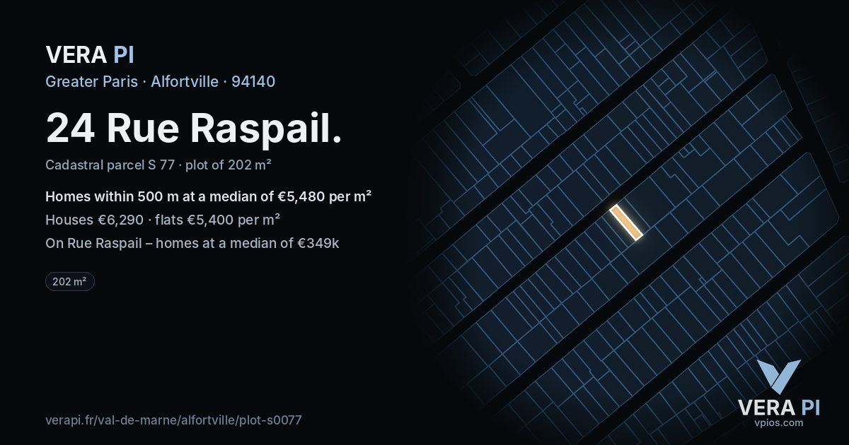 24 Rue Raspail, Alfortville at night – the plot lit, the parcels around coloured by the prices near them